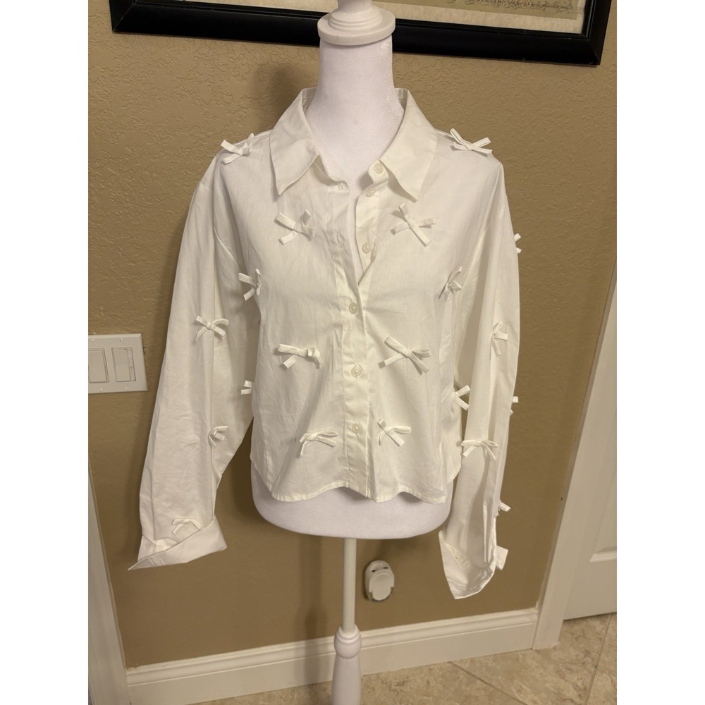 Wild Fable Women's Bow Button Up Long‎ Sleeve Crop Shirt, White, 100% Cotton, L
